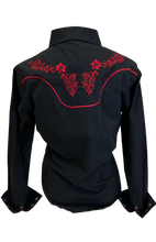 Load image into Gallery viewer, LADIES BUCKEROO SHIRTS: BLACK RED FLORAL STITCH PEARL SNAP
