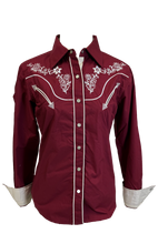 Load image into Gallery viewer, LADIES BUCKEROO SHIRTS: BURGUNDY RED FLORAL STITCH PEARL SNAP
