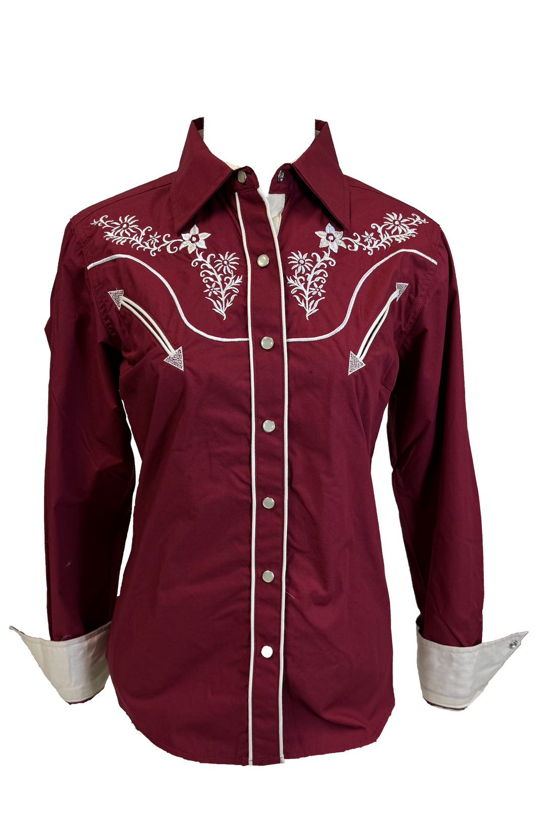 LADIES BUCKEROO SHIRTS: BURGUNDY RED FLORAL STITCH PEARL SNAP