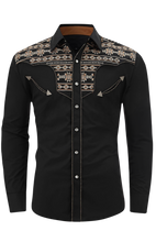 Load image into Gallery viewer, BUCKEROO SHIRTS: BLACK GOLD WHITE AZTEC TRIBAL PEARL SNAP
