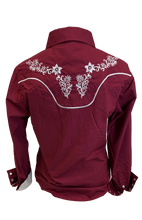 Load image into Gallery viewer, LADIES BUCKEROO SHIRTS: BURGUNDY RED FLORAL STITCH PEARL SNAP
