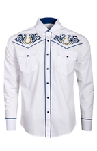 Load image into Gallery viewer, BUCKEROO SHIRTS: WHITE BLUE GOLD HORSESHOE PEARL SNAP

