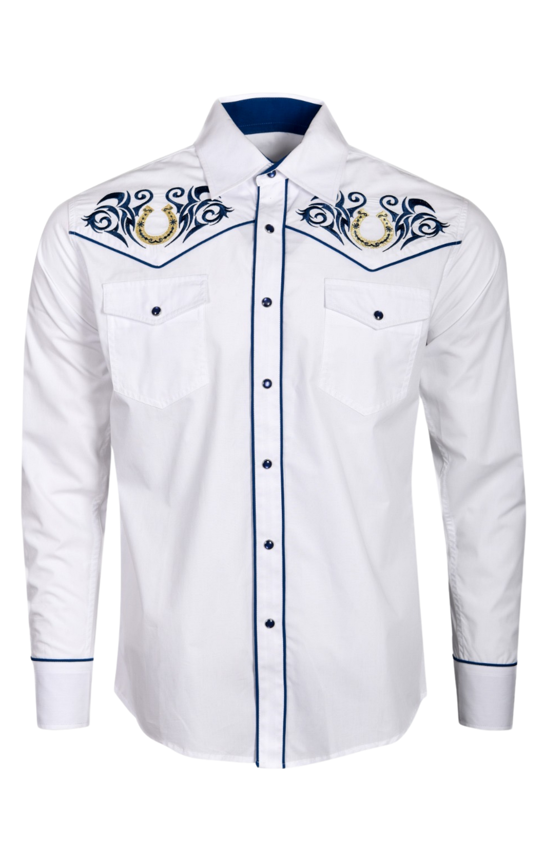 BUCKEROO SHIRTS: WHITE BLUE GOLD HORSESHOE PEARL SNAP