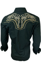 Load image into Gallery viewer, BUCKEROO SHIRTS: EMERALD GREEN FLAME HORSESHOE PEARL SNAP
