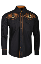 Load image into Gallery viewer, BUCKEROO SHIRTS: BLACK GOLD WHITE HORSESHOE PEARL SNAP

