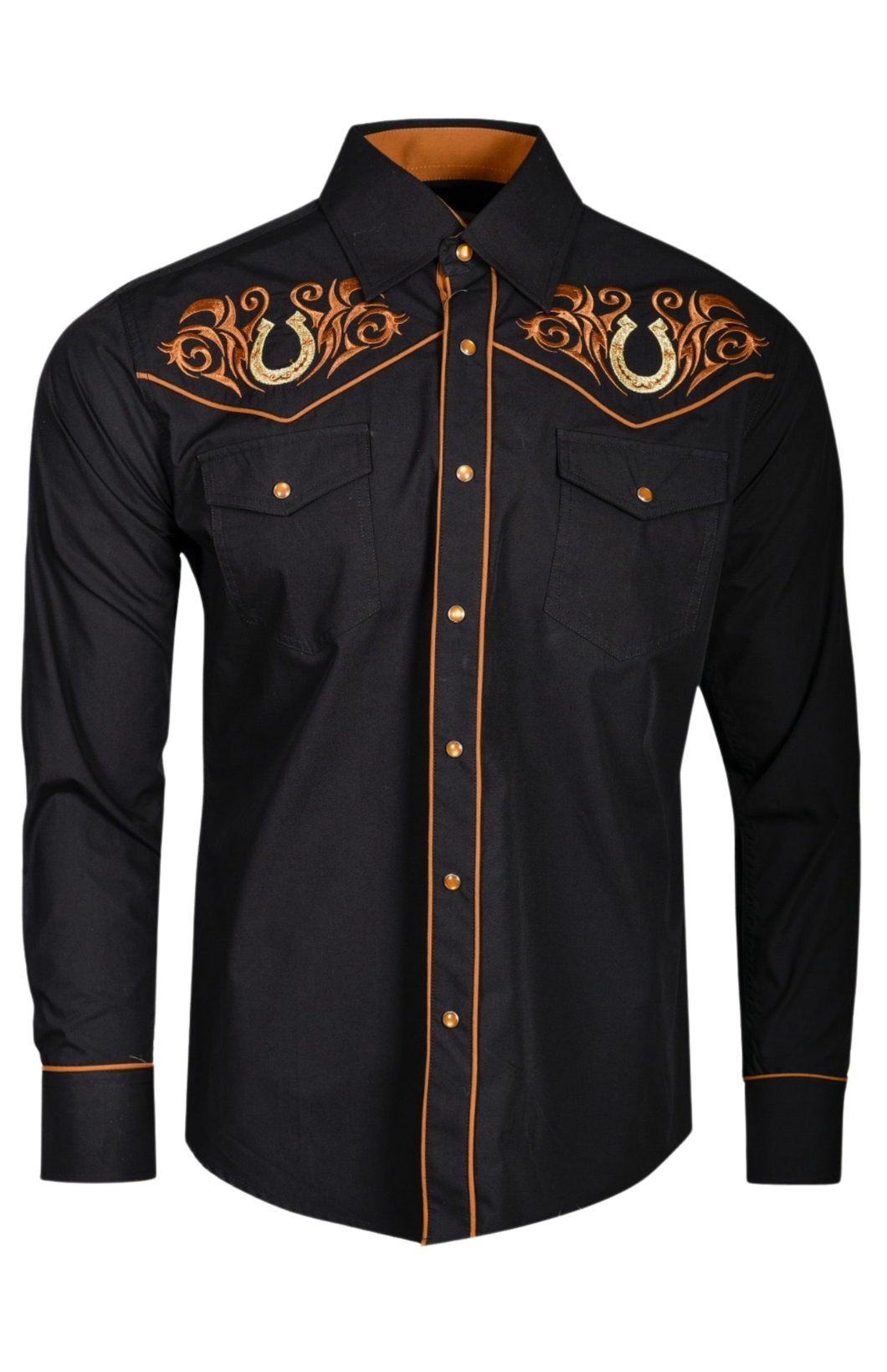 BUCKEROO SHIRTS: BLACK GOLD WHITE HORSESHOE PEARL SNAP