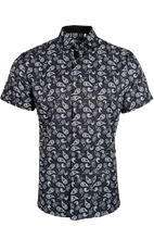 Load image into Gallery viewer, BUCKEROO SHIRTS: BLACK/WHITE PAISLEY SHORT SLEEVE PEARL SNAP

