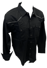 Load image into Gallery viewer, RODEO WESTERN SHIRTS: SOLID BLACK WHITE TRIM
