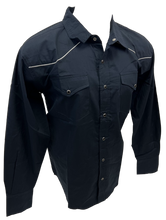 Load image into Gallery viewer, Men&#39;s RODEO WESTERN COUNTRY SOLID NAVY BLUE WHITE TRIM PEARL SNAP BUTTONS TWO POCKETS LASSO Shirt Cowboy

