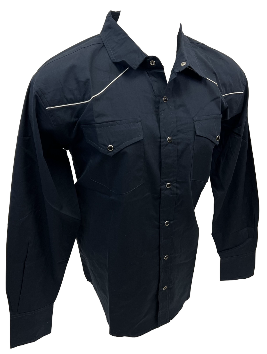 Men's RODEO WESTERN COUNTRY SOLID NAVY BLUE WHITE TRIM PEARL SNAP BUTTONS TWO POCKETS LASSO Shirt Cowboy