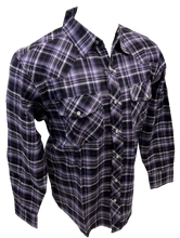 Load image into Gallery viewer, Men&#39;s RODEO WESTERN COUNTRY PURPLE BLACK PLAID PEARL SNAP UP BUTTONS TWO FRONT POCKETS Shirt Lucky Cowboy
