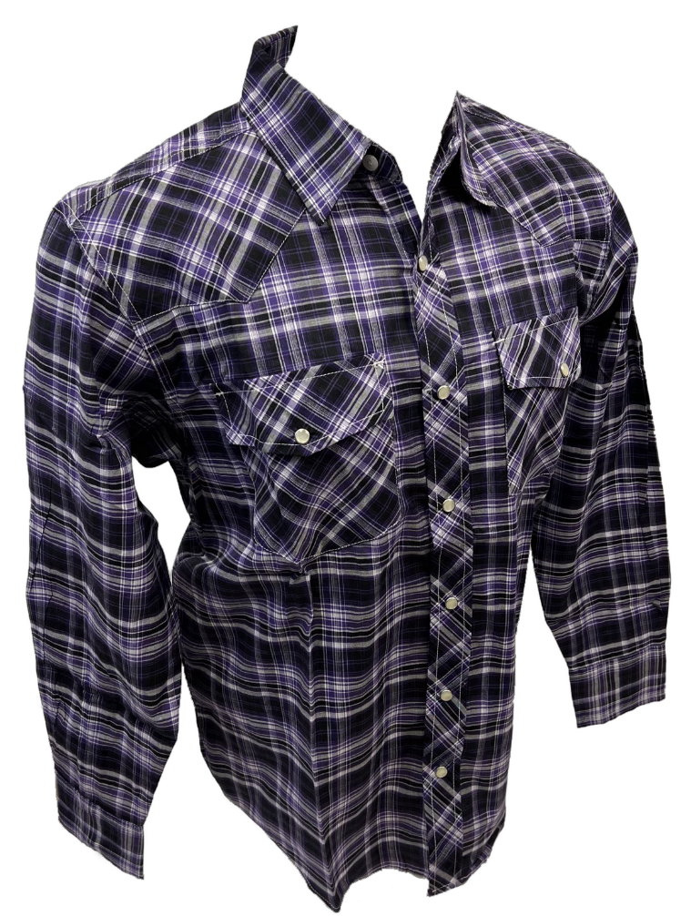 Men's RODEO WESTERN COUNTRY PURPLE BLACK PLAID PEARL SNAP UP BUTTONS TWO FRONT POCKETS Shirt Lucky Cowboy