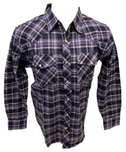 Load image into Gallery viewer, Men&#39;s RODEO WESTERN COUNTRY PURPLE BLACK PLAID PEARL SNAP UP BUTTONS TWO FRONT POCKETS Shirt Lucky Cowboy
