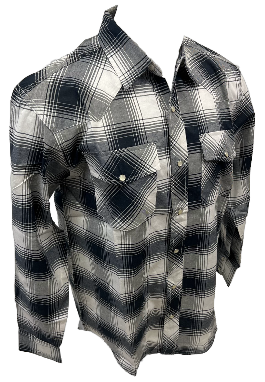 Men's RODEO WESTERN COUNTRY NAVY BLUE GREY WHITE PLAID PEARL SNAP UP BUTTONS TWO FRONT POCKETS Shirt Lucky Cowboy