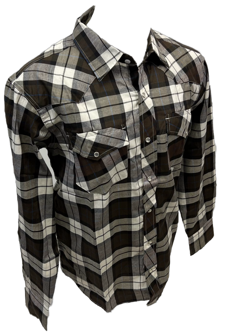 Men's RODEO WESTERN COUNTRY BROWN GREY PLAID PEARL SNAP UP BUTTONS TWO FRONT POCKETS Shirt Lucky Cowboy
