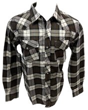 Load image into Gallery viewer, Men&#39;s RODEO WESTERN COUNTRY BROWN GREY PLAID PEARL SNAP UP BUTTONS TWO FRONT POCKETS Shirt Lucky Cowboy
