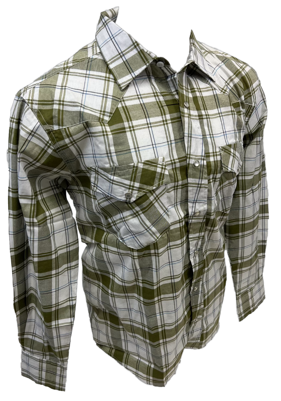 Men's RODEO WESTERN COUNTRY GREEN WHITE PLAID PEARL SNAP UP BUTTONS TWO FRONT POCKETS Shirt Lucky Cowboy