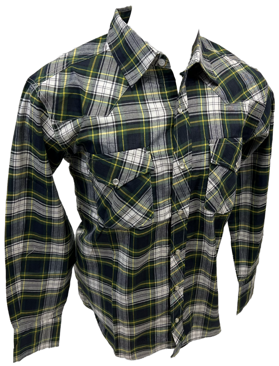 Men's RODEO WESTERN COUNTRY NAVY BLUE GREEN PLAID PEARL SNAP UP BUTTONS TWO FRONT POCKETS Shirt Lucky Cowboy