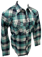 Load image into Gallery viewer, Men&#39;s RODEO WESTERN COUNTRY TEAL NAVY BLUE PLAID PEARL SNAP UP BUTTONS TWO FRONT POCKETS Shirt Lucky Cowboy
