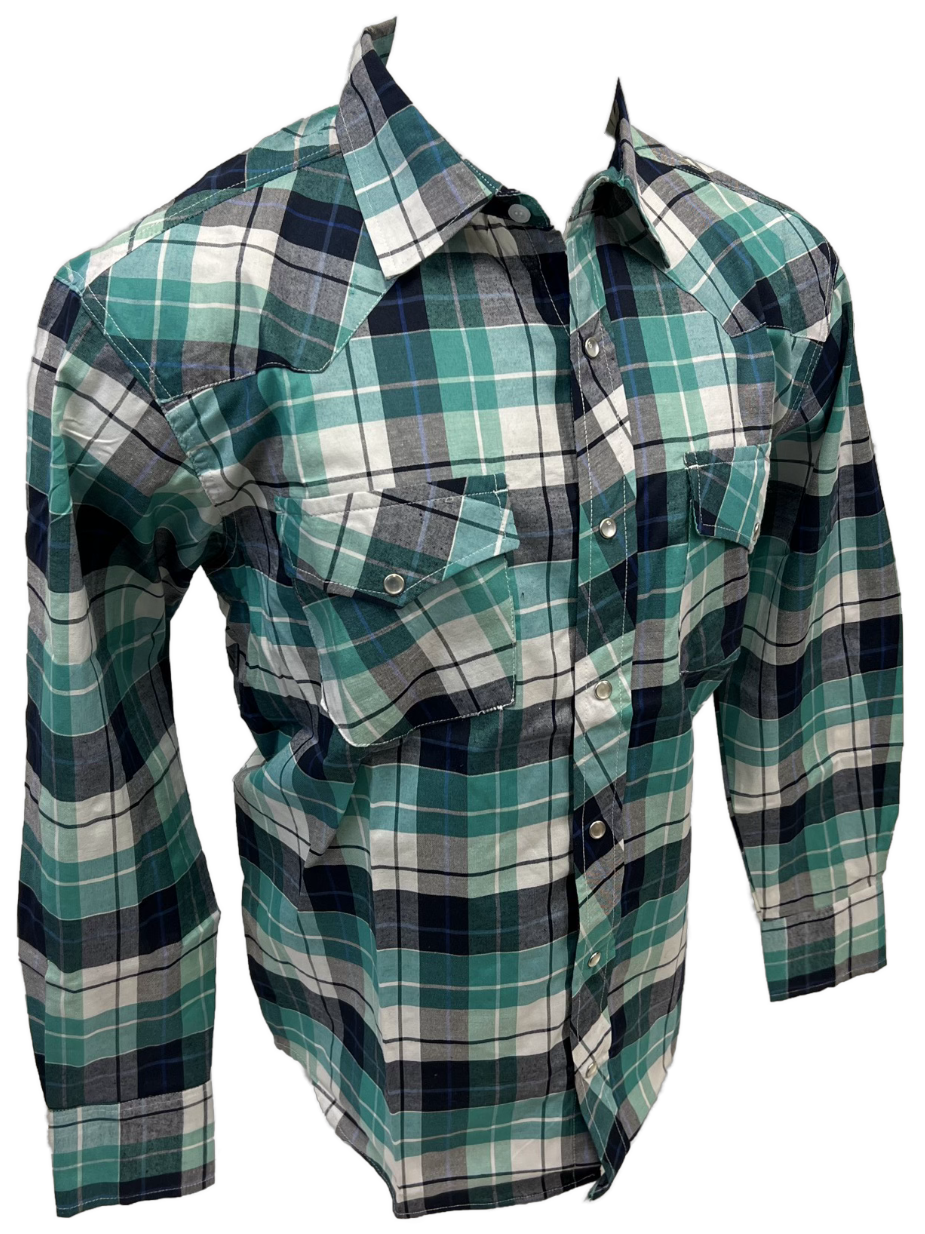 Men's RODEO WESTERN COUNTRY TEAL NAVY BLUE PLAID PEARL SNAP UP BUTTONS TWO FRONT POCKETS Shirt Lucky Cowboy