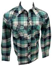 Load image into Gallery viewer, Men&#39;s RODEO WESTERN COUNTRY TEAL NAVY BLUE PLAID PEARL SNAP UP BUTTONS TWO FRONT POCKETS Shirt Lucky Cowboy

