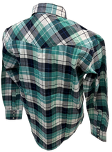 Load image into Gallery viewer, Men&#39;s RODEO WESTERN COUNTRY TEAL NAVY BLUE PLAID PEARL SNAP UP BUTTONS TWO FRONT POCKETS Shirt Lucky Cowboy
