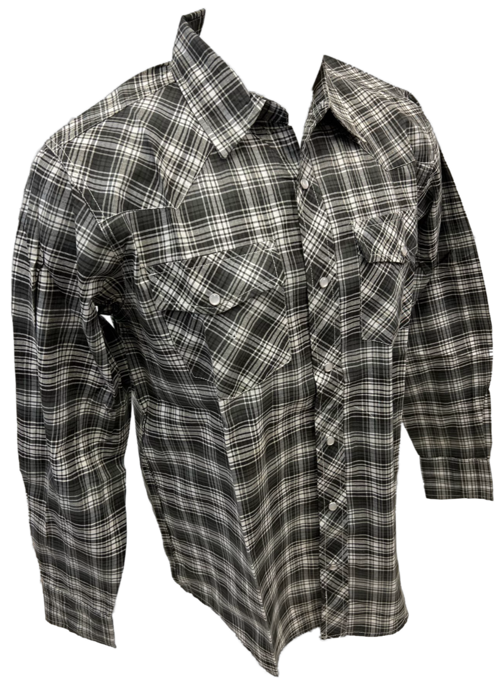 Men's RODEO WESTERN COUNTRY GREY WHITE PLAID PEARL SNAP UP BUTTONS TWO FRONT POCKETS Shirt Lucky Cowboy