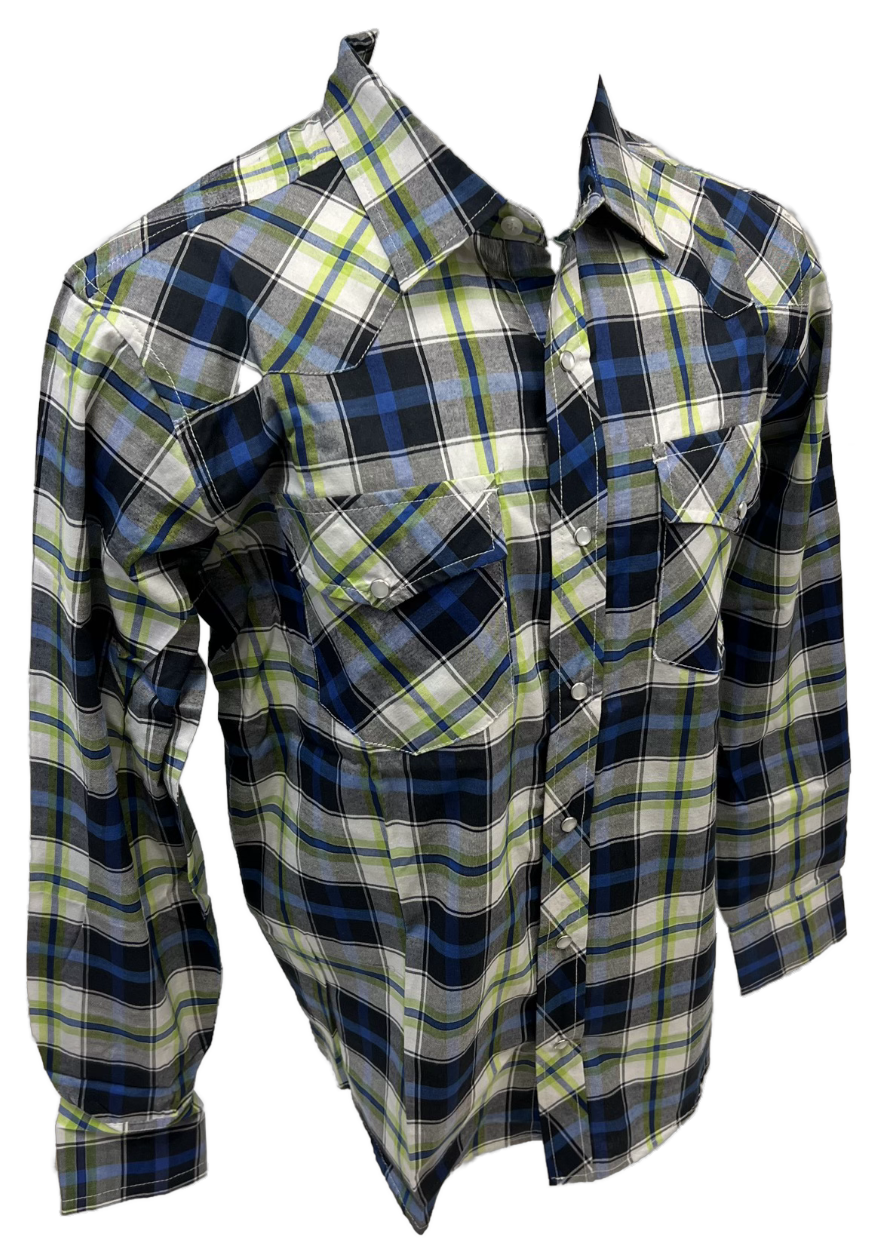 Men's RODEO WESTERN COUNTRY BLUE GREEN PLAID PEARL SNAP UP BUTTONS TWO FRONT POCKETS Shirt Lucky Cowboy