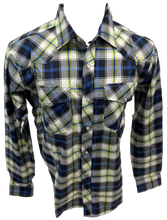 Load image into Gallery viewer, Men&#39;s RODEO WESTERN COUNTRY BLUE GREEN PLAID PEARL SNAP UP BUTTONS TWO FRONT POCKETS Shirt Lucky Cowboy

