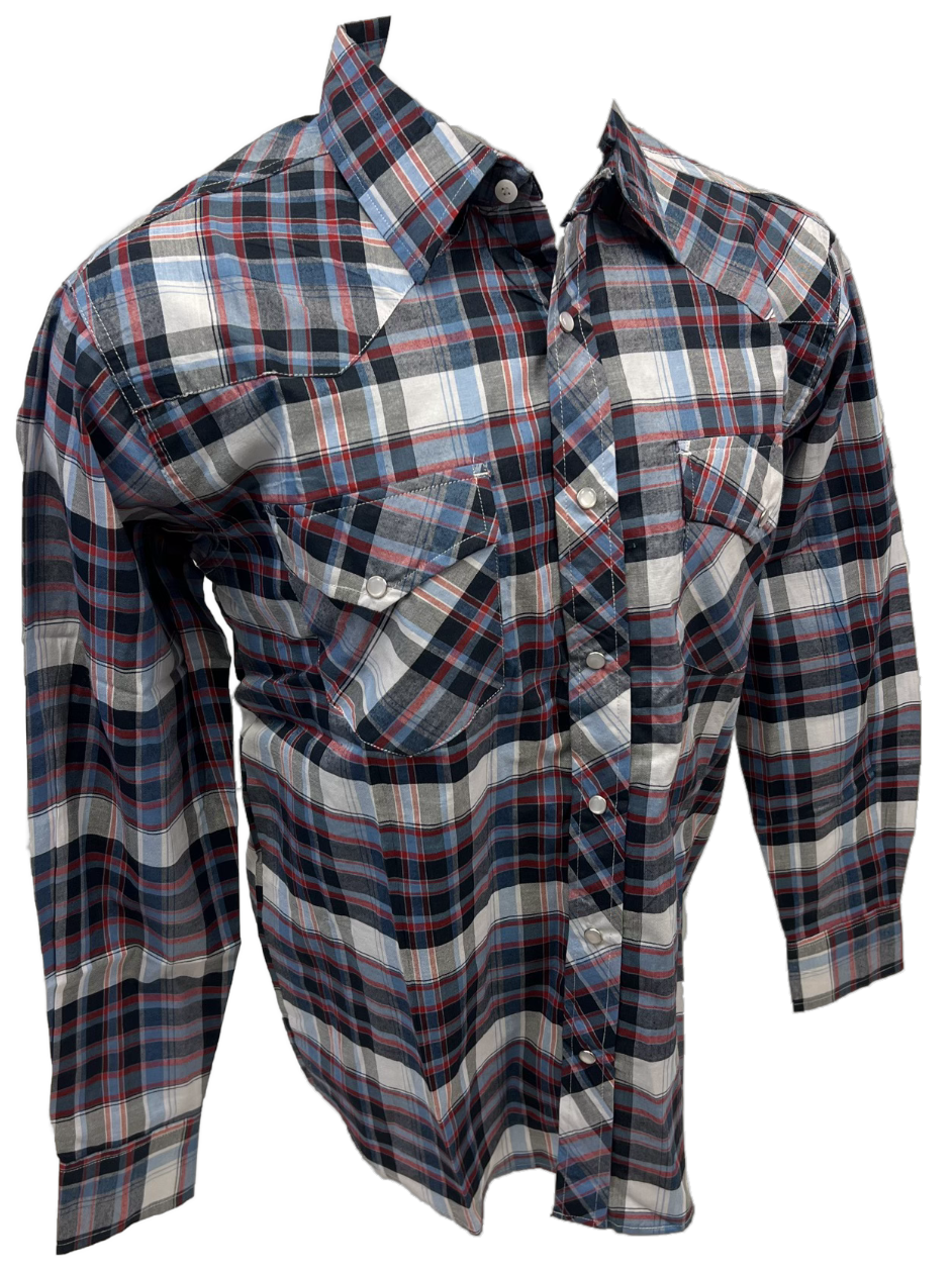 Men's RODEO WESTERN COUNTRY BLUE RED PLAID PEARL SNAP UP BUTTONS TWO FRONT POCKETS Shirt Lucky Cowboy
