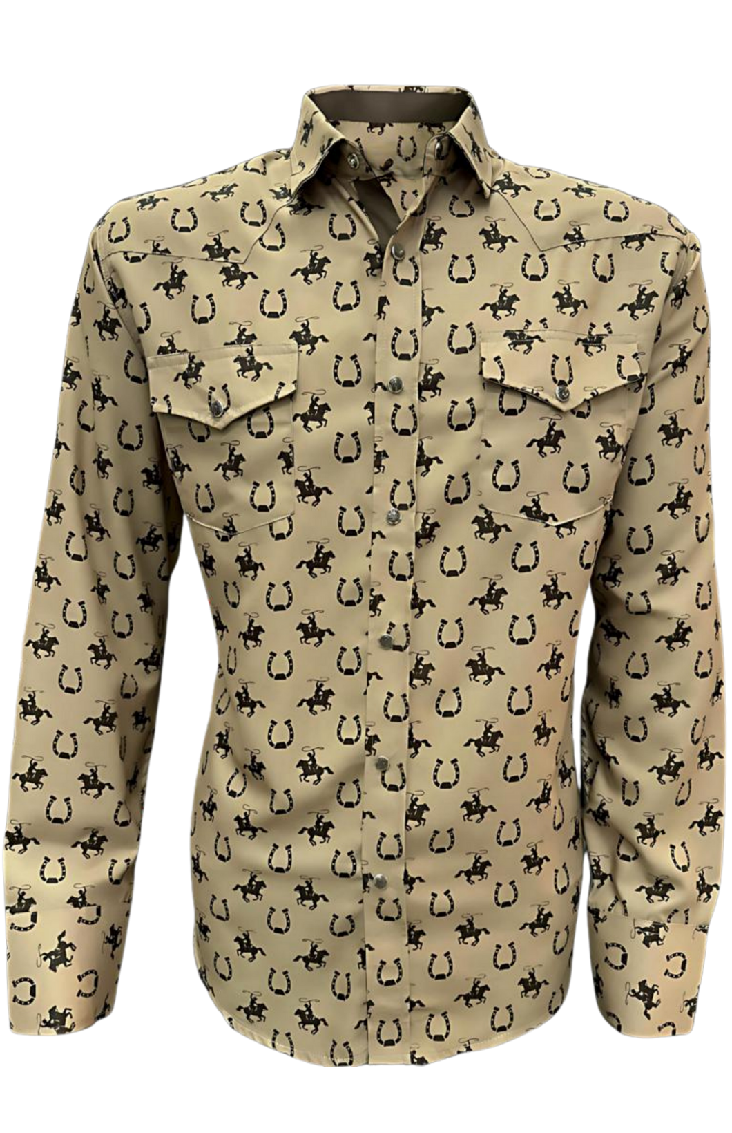 BUCKEROO SHIRTS: KHAKI BLACK HORSESHOE PEARL SNAP