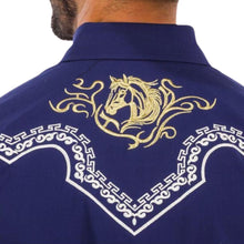 Load image into Gallery viewer, BUCKEROO SHIRTS: BLUE GOLDEN HORSE WHITE STITCH PEARL SNAP
