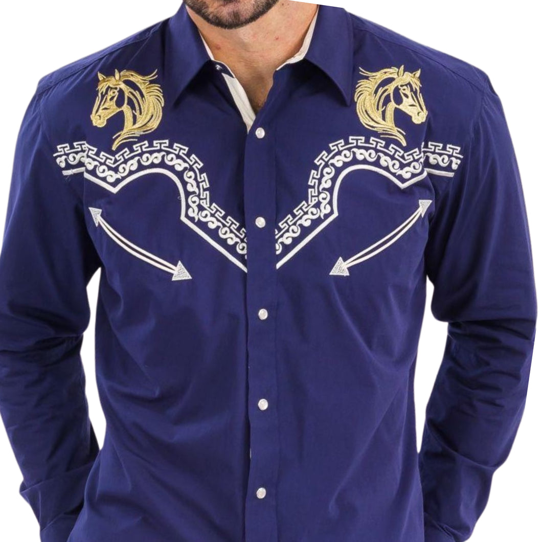 BUCKEROO SHIRTS: BLUE GOLDEN HORSE WHITE STITCH PEARL SNAP