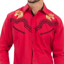 Load image into Gallery viewer, BUCKEROO SHIRTS: RED GOLDEN HORSE BLACK STITCH PEARL SNAP
