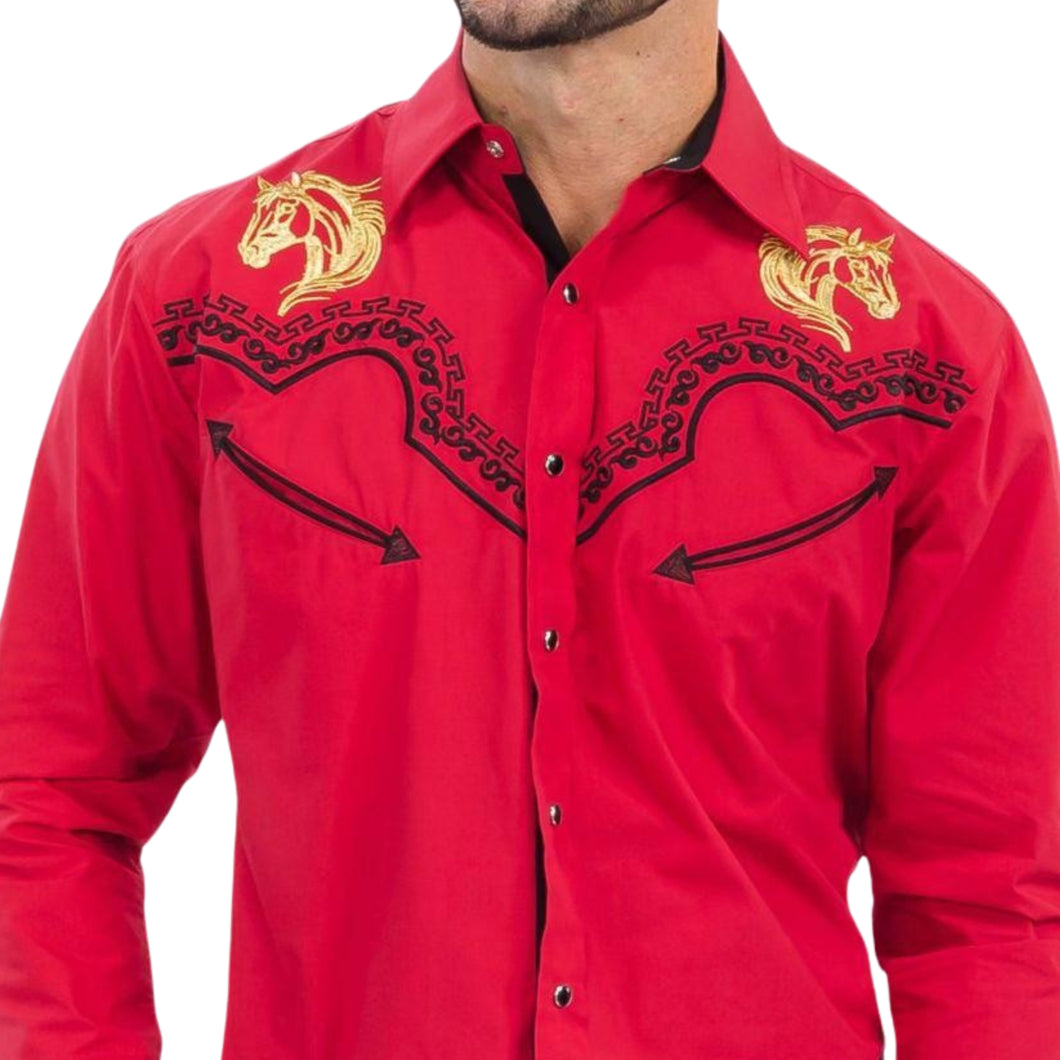 BUCKEROO SHIRTS: RED GOLDEN HORSE BLACK STITCH PEARL SNAP
