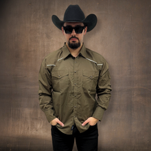 Load image into Gallery viewer, RODEO WESTERN SHIRTS: SOLID TAUPE OLIVE GREEN WHITE TRIM
