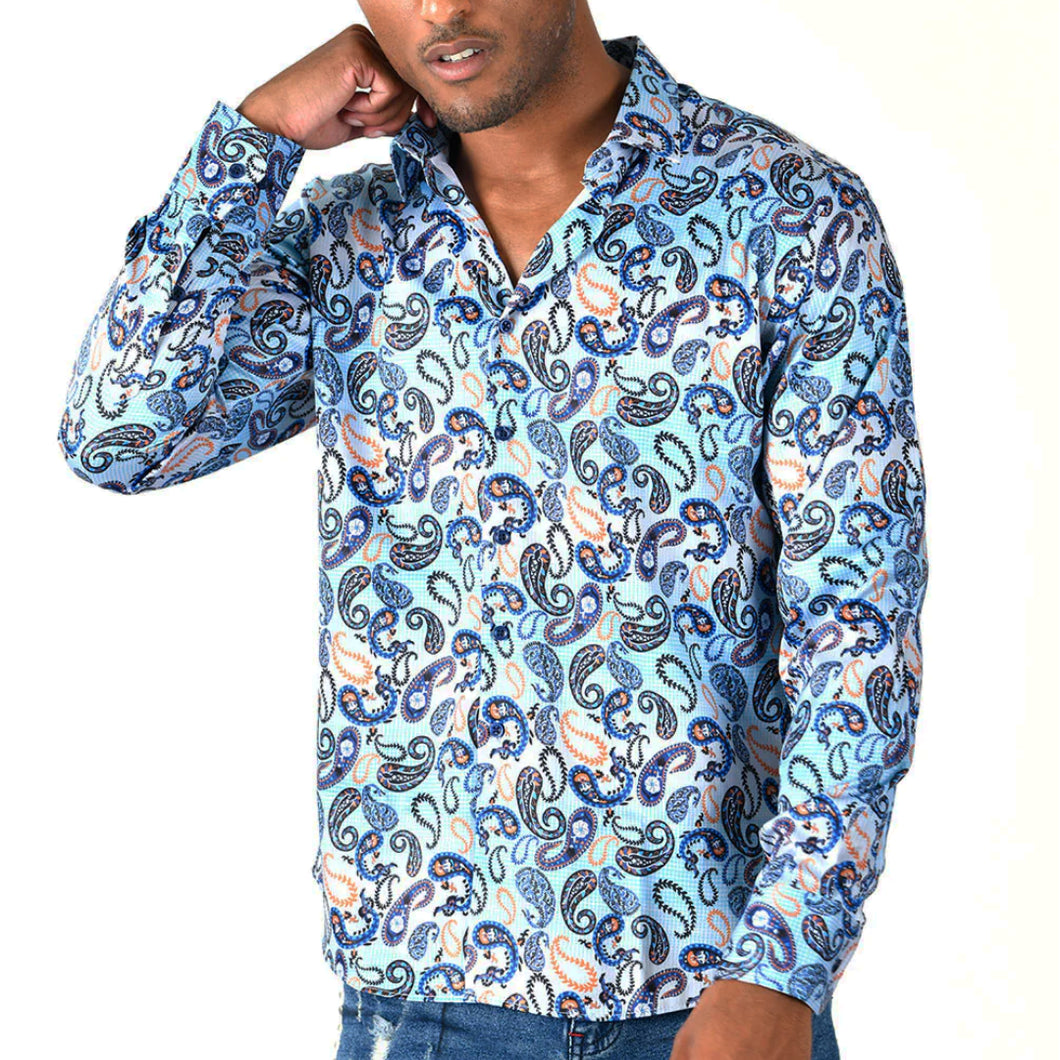 Men's Rodeo Western Long Sleeve Button Down Dress Shirt Blue White Colorful Paisley All Over Print