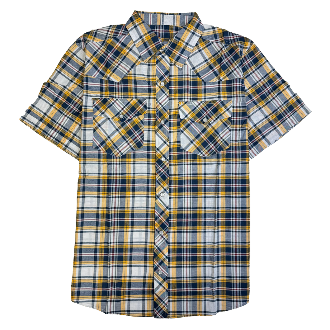 RODEO WESTERN SHIRTS: BLUE & YELLOW SHORT SLEEVE PLAID