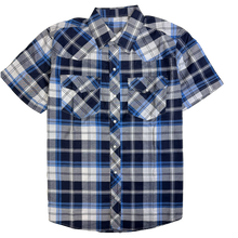 Load image into Gallery viewer, RODEO WESTERN SHIRTS: BLUE &amp; BLACK GREY TEAL SHORT SLEEVE PLAID
