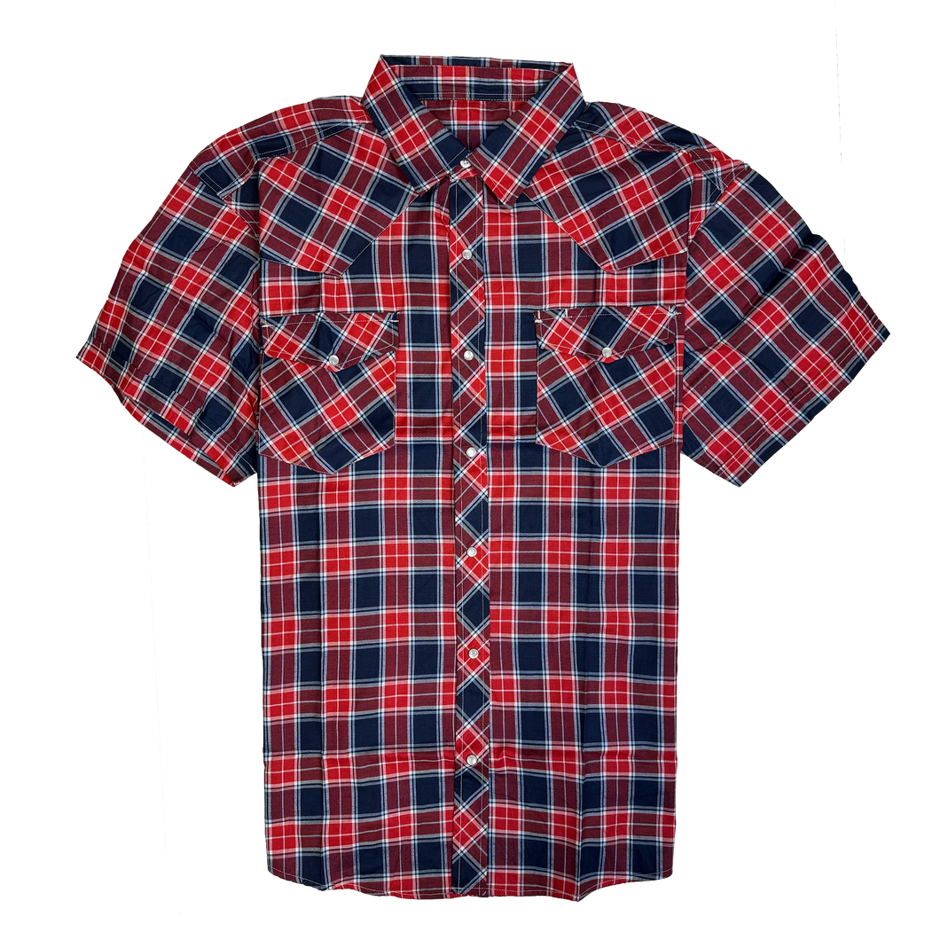 RODEO WESTERN SHIRTS: RED & NAVY BLUE SHORT SLEEVE PLAID