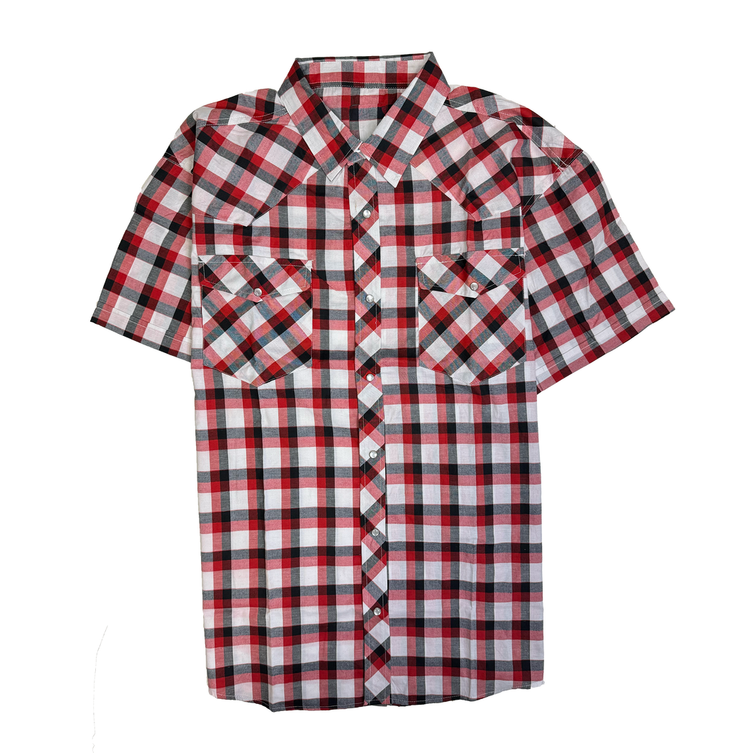 RODEO WESTERN SHIRTS: RED BLACK & WHITE SHORT SLEEVE PLAID