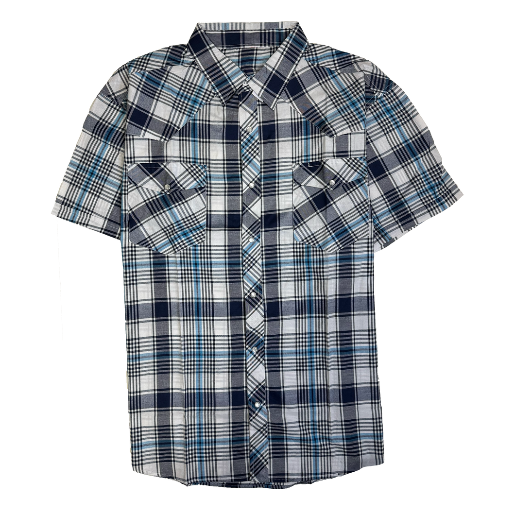 RODEO WESTERN SHIRTS: GRAY TEAL & WHITE SHORT SLEEVE PLAID