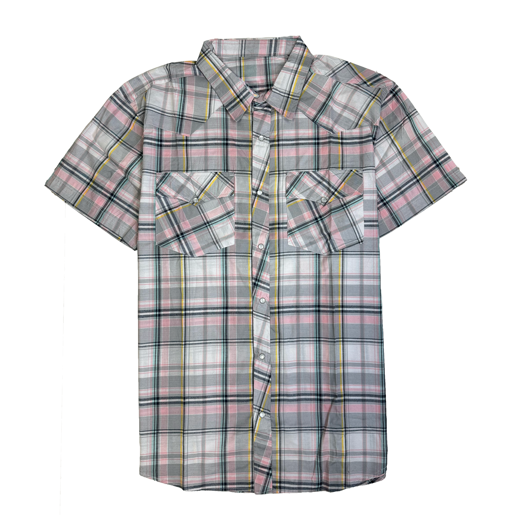 RODEO WESTERN SHIRTS: GRAY & PINK SHORT SLEEVE PLAID