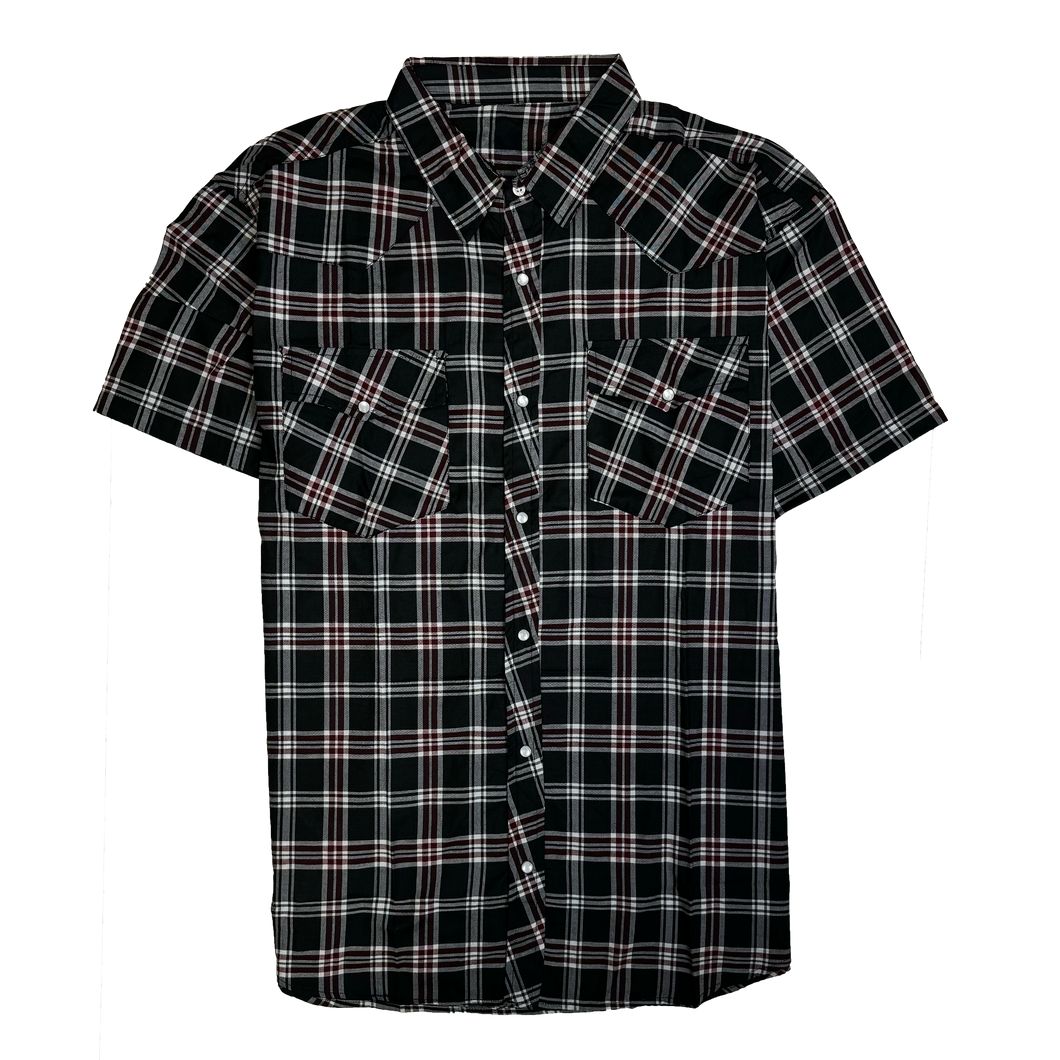 RODEO WESTERN SHIRTS: RED WHITE & BLACK SHORT SLEEVE PLAID