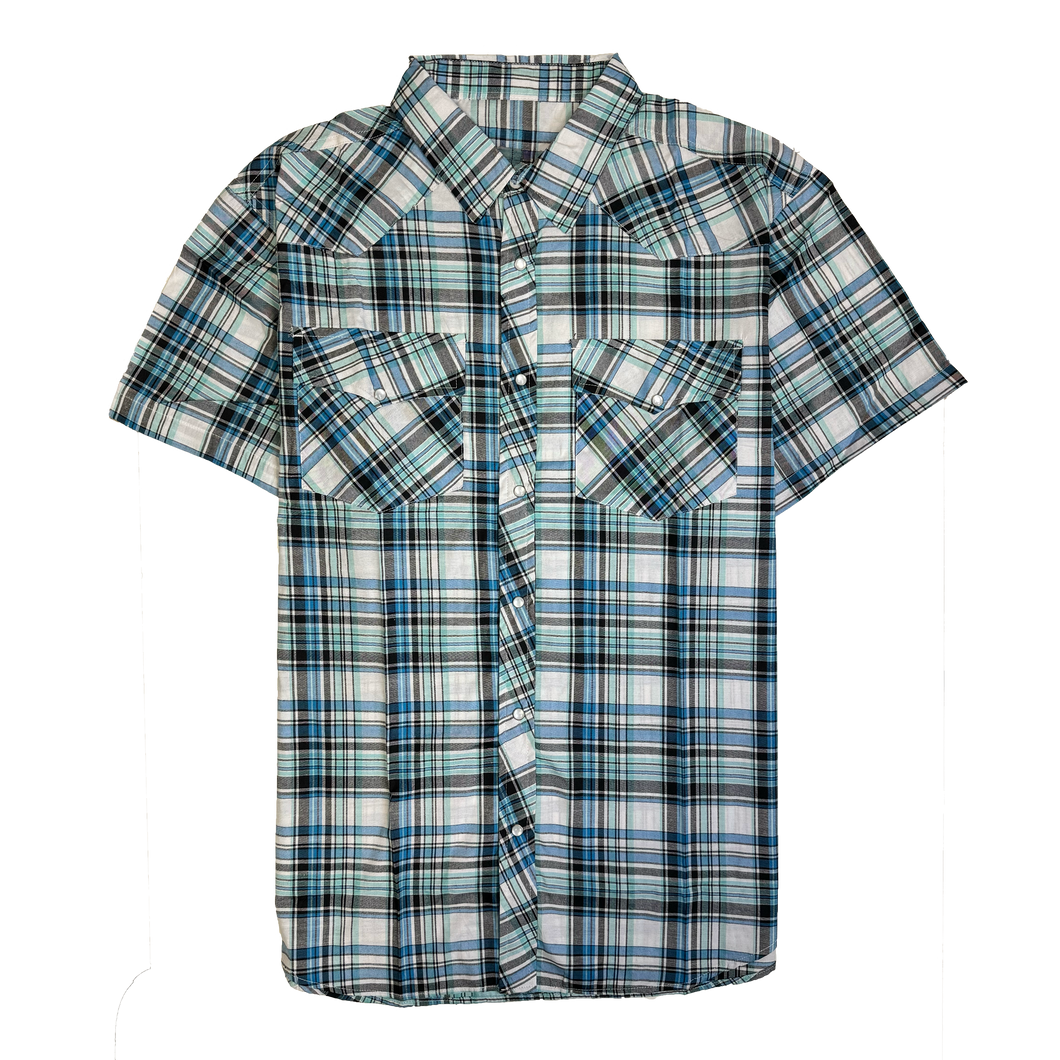 RODEO WESTERN SHIRTS: TEAL WHITE & BLUE SHORT SLEEVE PLAID