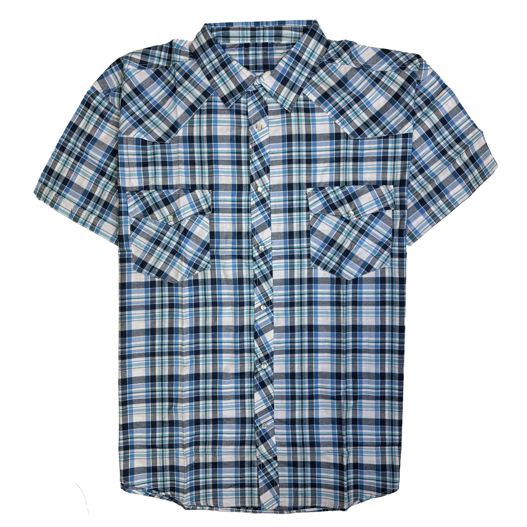 RODEO WESTERN SHIRTS: TEAL BLUE & WHITE SHORT SLEEVE PLAID
