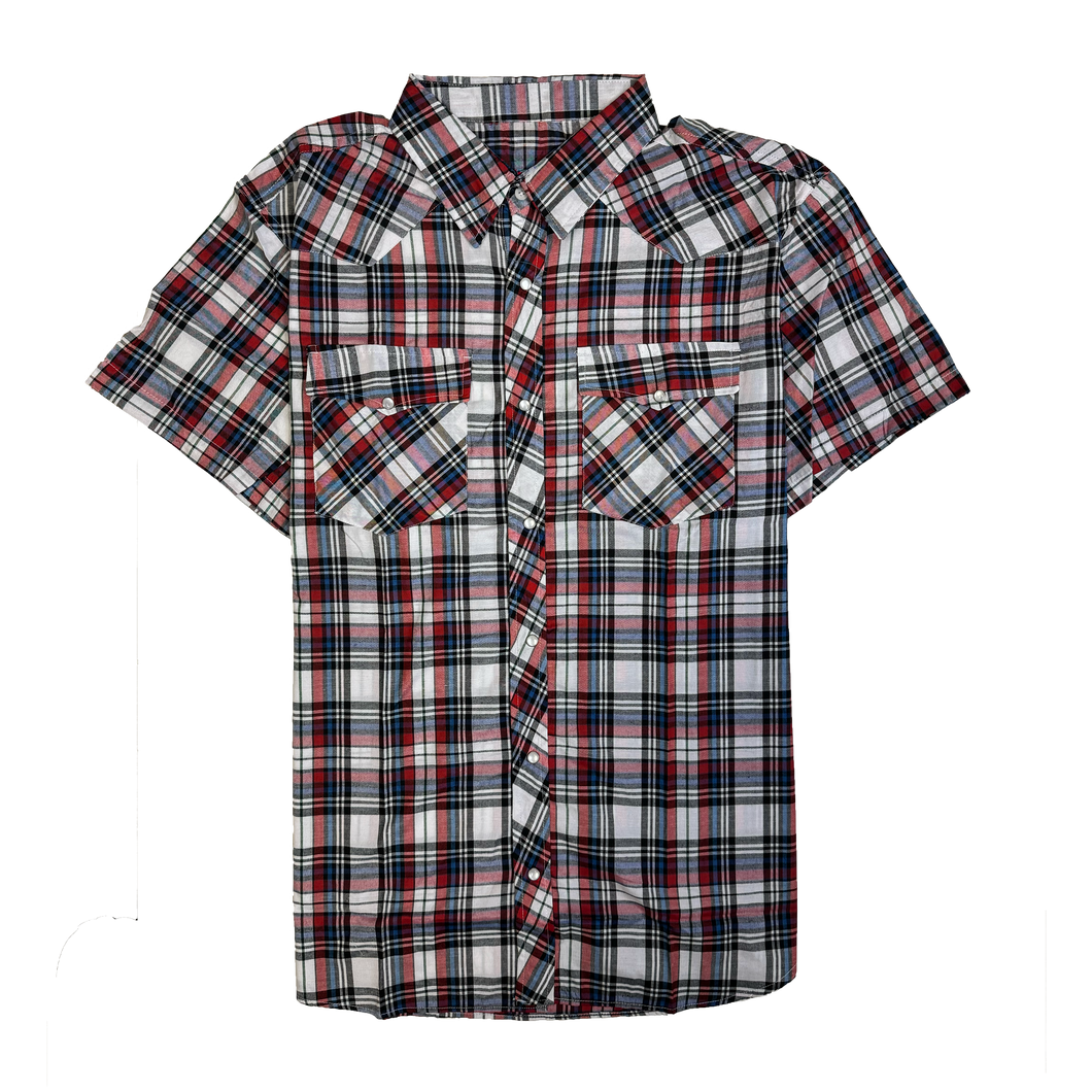 RODEO WESTERN SHIRTS: RED WHITE BLACK & BLUE SHORT SLEEVE PLAID