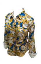 Load image into Gallery viewer, LADIES RODEO WESTERN BLUE BLACK GOLD WHITE Long Sleeve PEARL SNAP UP TWO POCKET Western Cowgirl Shirt
