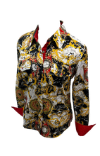 Load image into Gallery viewer, LADIES RODEO WESTERN FLORAL TRIBAL GOLD BLACK RED WHITE FOIL Long Sleeve PEARL SNAP UP TWO POCKET Western Cowgirl Shirt
