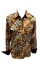 Load image into Gallery viewer, LADIES RODEO WESTERN SHIRTS: FLORAL GOLD BROWN WHITE FOIL PRINT
